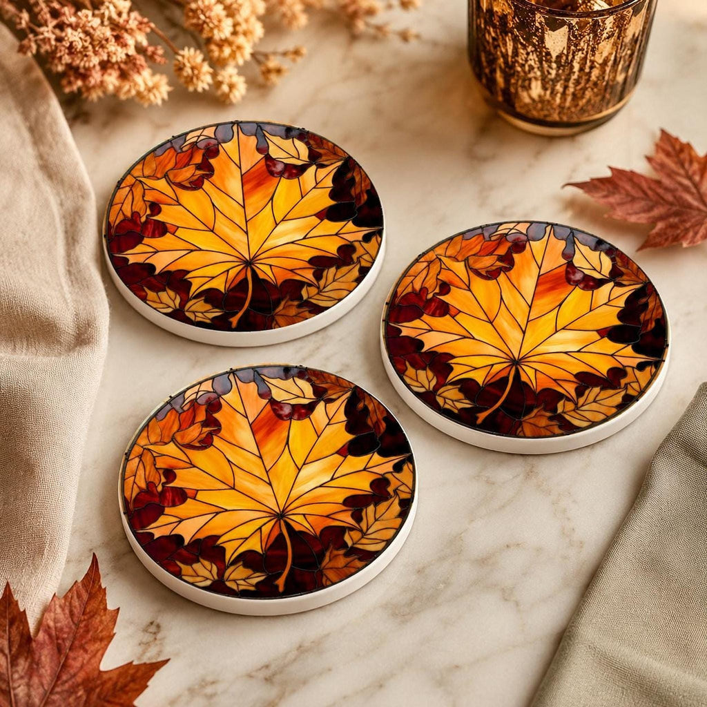 Maple Leaf Coaster, Ceramic Fall Table Accent with Glossy or Matte Finish