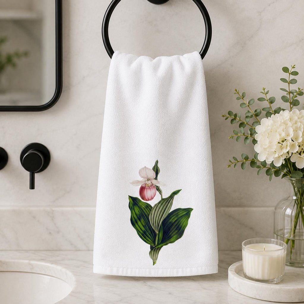 Pink Lady Slipper Hand Towel, Botanical Bathroom Decor, Wildflower Guest Towel, Garden Lover Gift