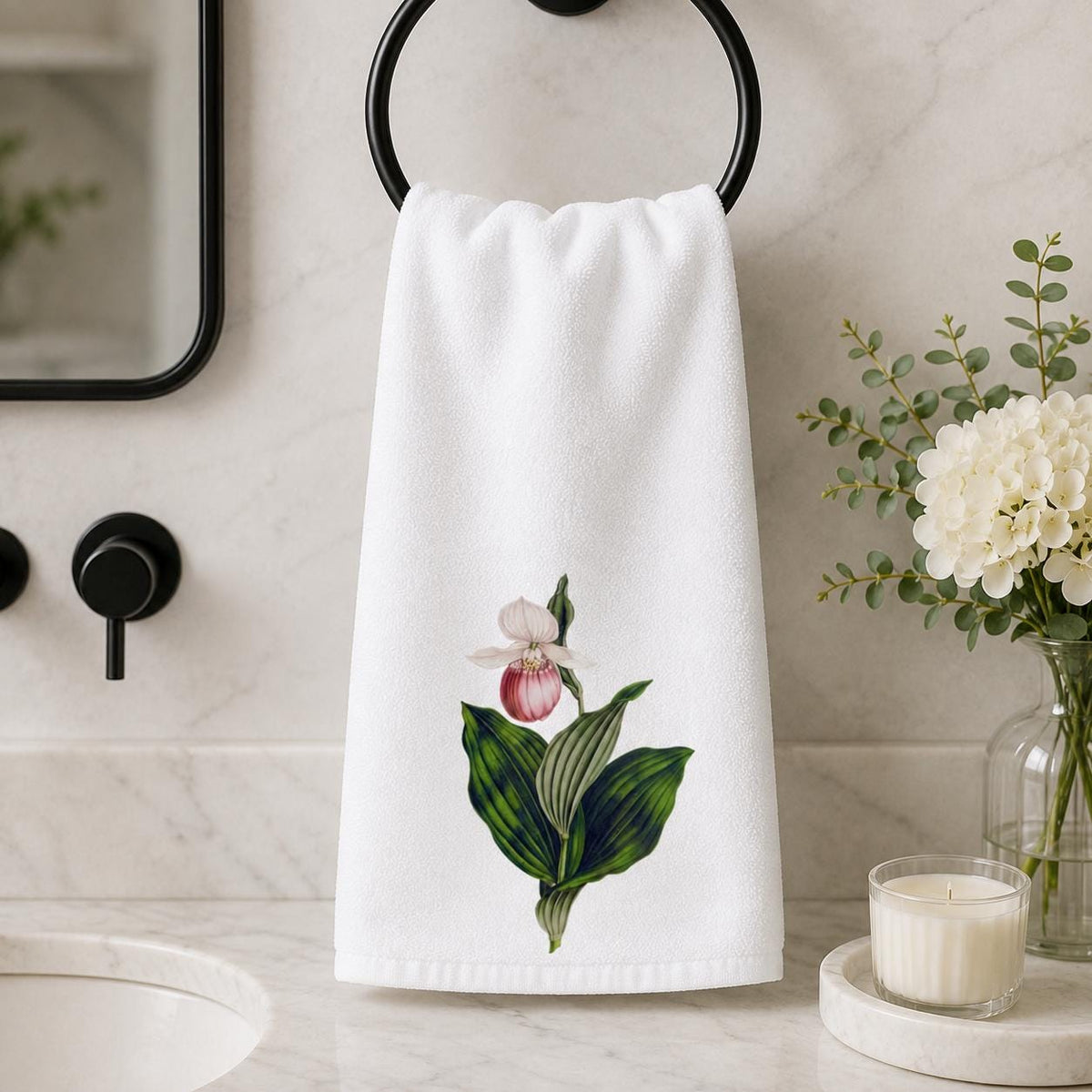 Pink Lady Slipper Hand Towel, Botanical Bathroom Decor, Wildflower Guest Towel, Garden Lover Gift