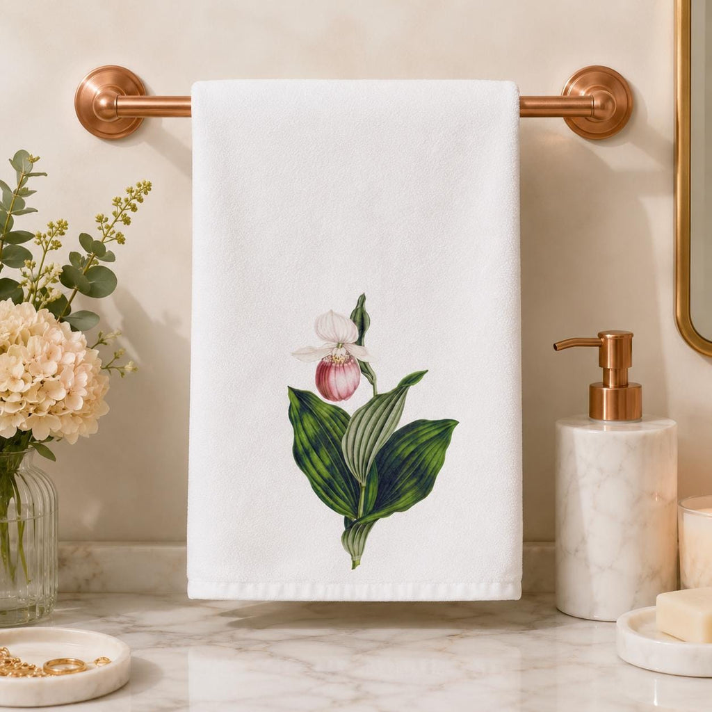 Pink Lady Slipper Hand Towel, Botanical Bathroom Decor, Wildflower Guest Towel, Garden Lover Gift