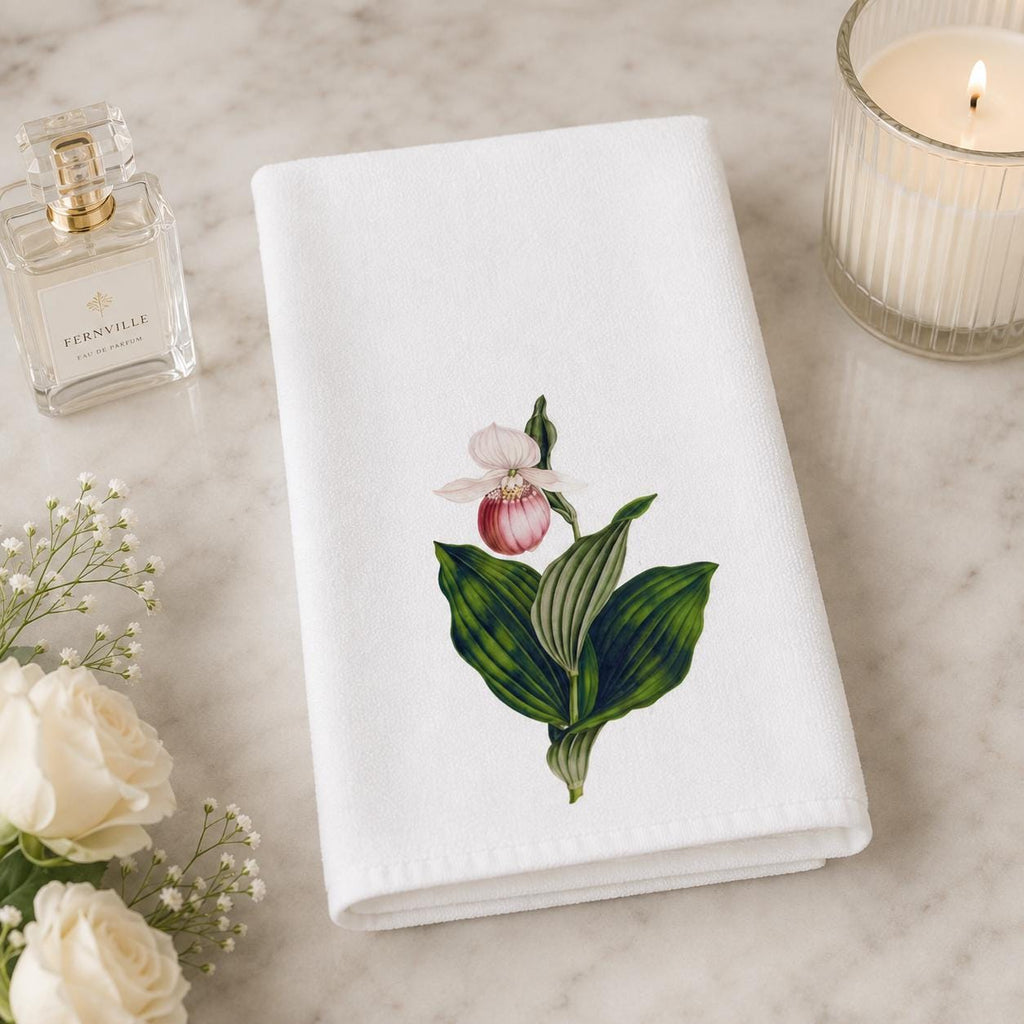 Pink Lady Slipper Hand Towel, Botanical Bathroom Decor, Wildflower Guest Towel, Garden Lover Gift