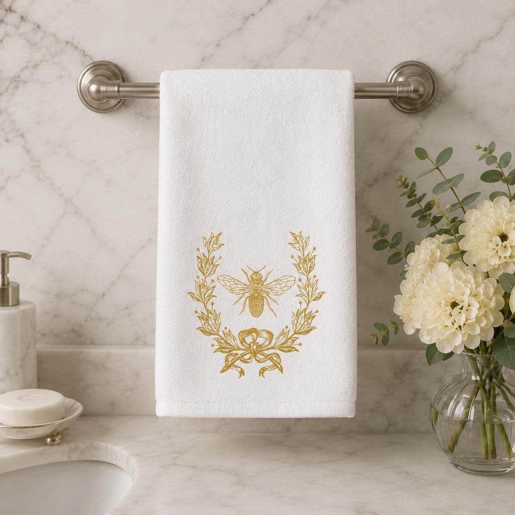 Gold Bee Decor Fingertip Towel, Elegant Botanical Accent for Guest Bath