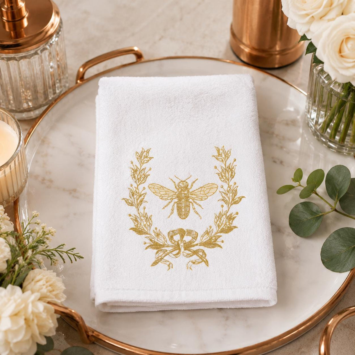 Gold Bee Decor Fingertip Towel, Elegant Botanical Accent for Guest Bath