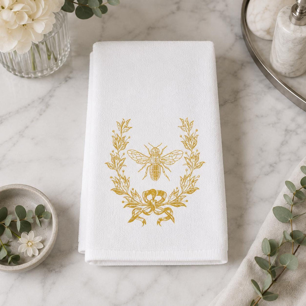 Gold Bee Decor Fingertip Towel, Elegant Botanical Accent for Guest Bath