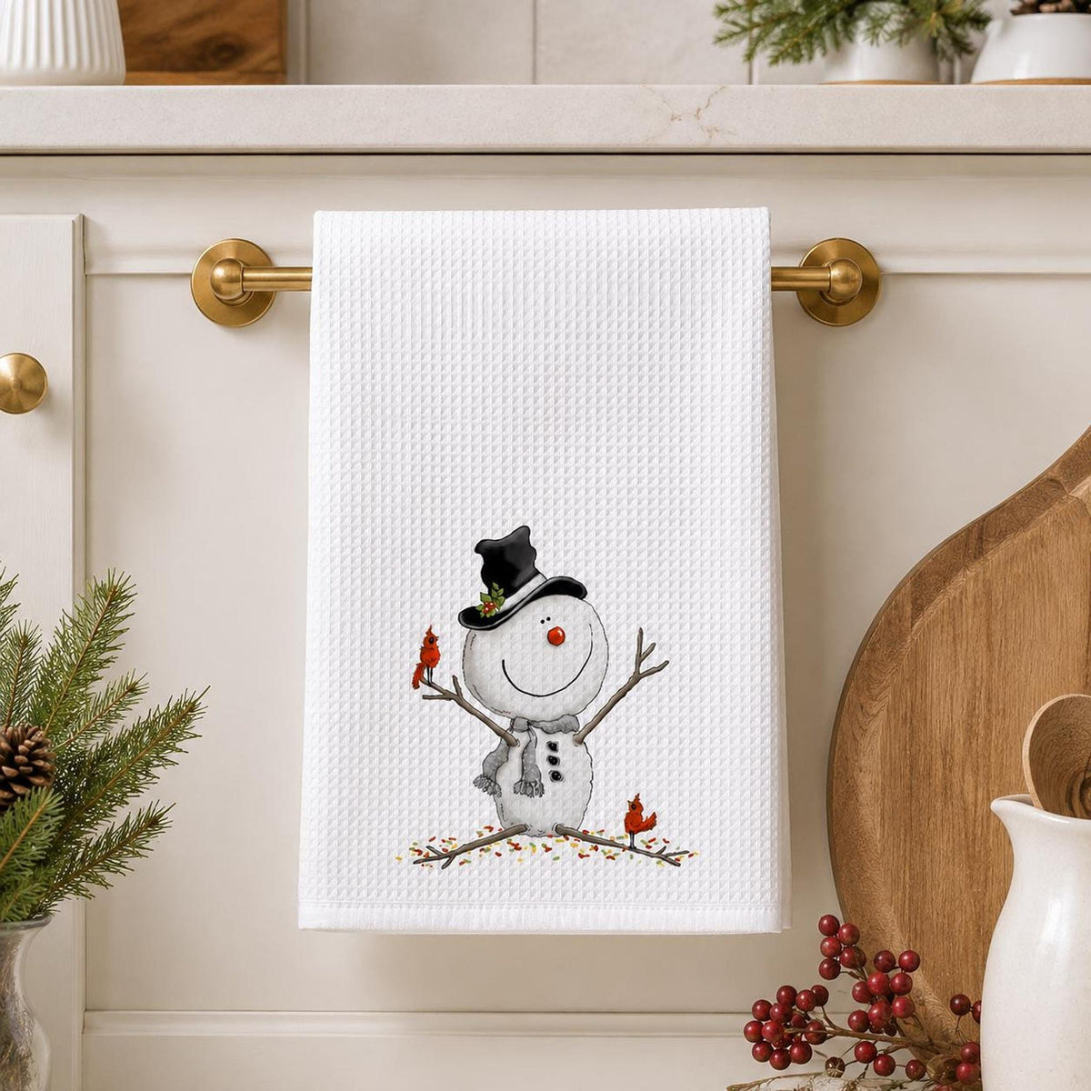Christmas Tea Towel, White Microfiber Waffle Weave with Snowman and Cardinals