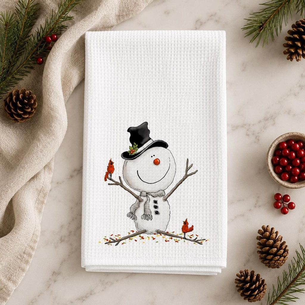 Christmas Tea Towel, White Microfiber Waffle Weave with Snowman and Cardinals