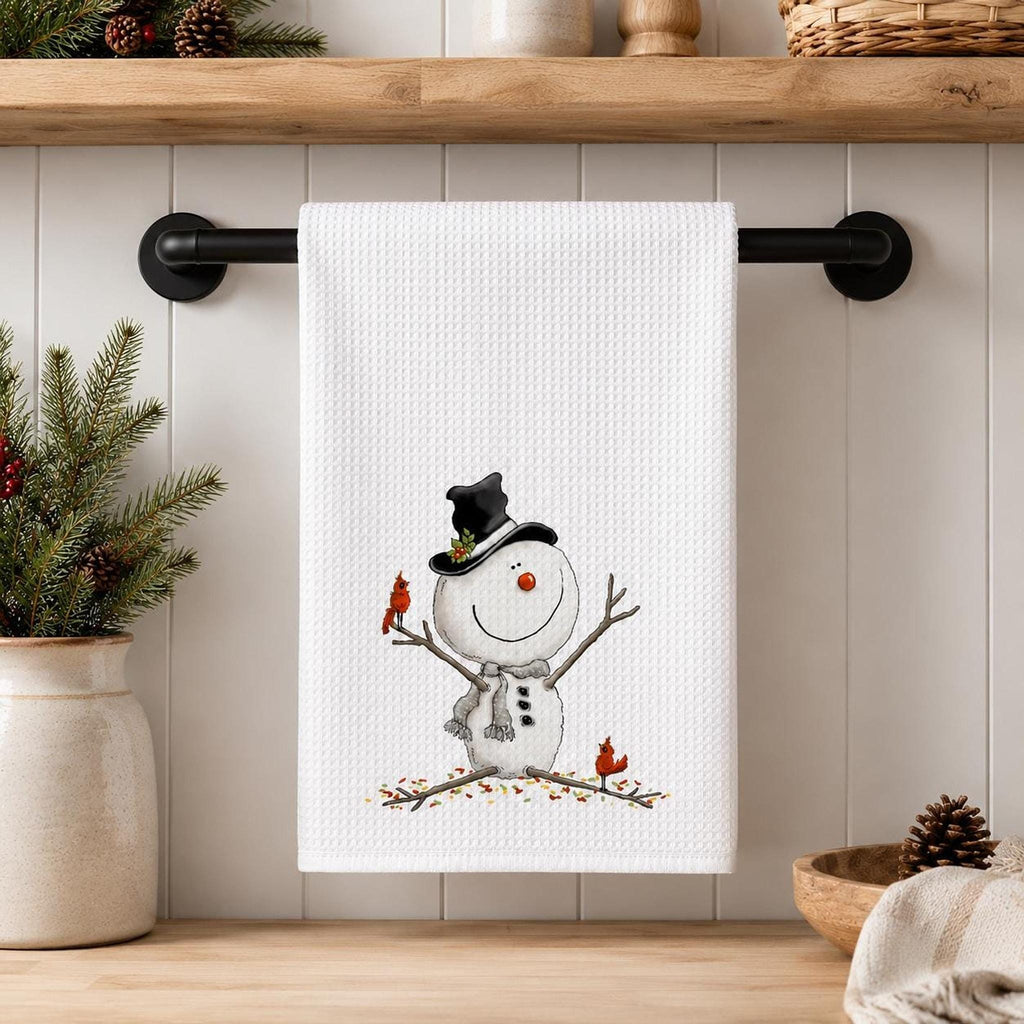 Christmas Tea Towel, White Microfiber Waffle Weave with Snowman and Cardinals