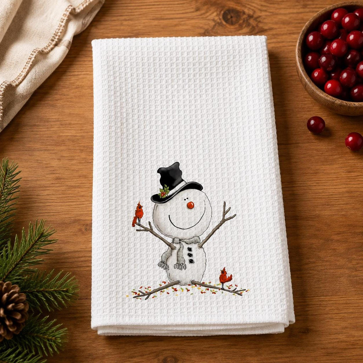 Christmas Tea Towel, White Microfiber Waffle Weave with Snowman and Cardinals