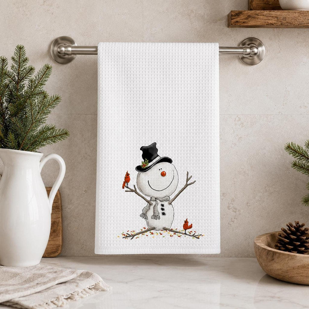 Christmas Tea Towel, White Microfiber Waffle Weave with Snowman and Cardinals
