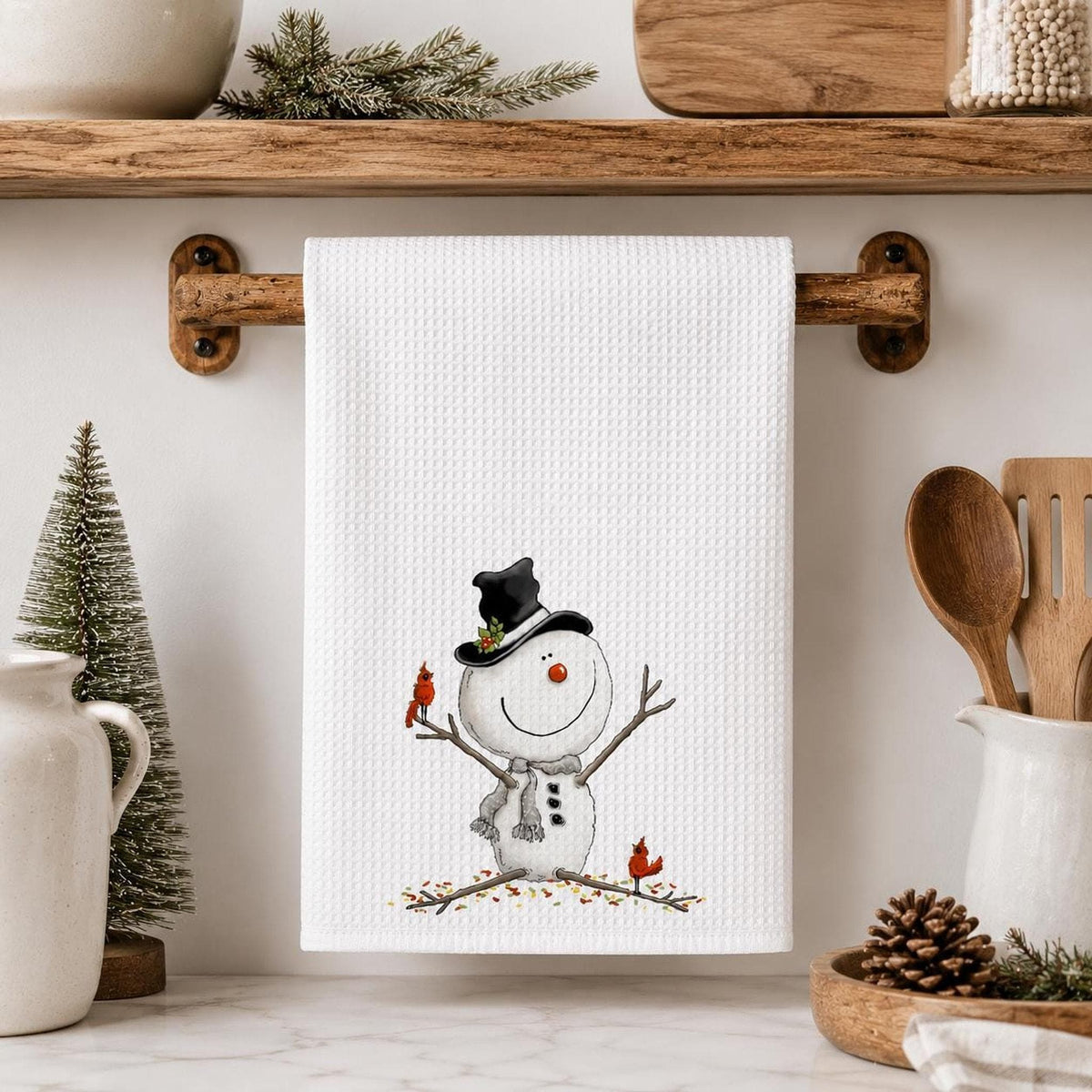 Christmas Tea Towel, White Microfiber Waffle Weave with Snowman and Cardinals