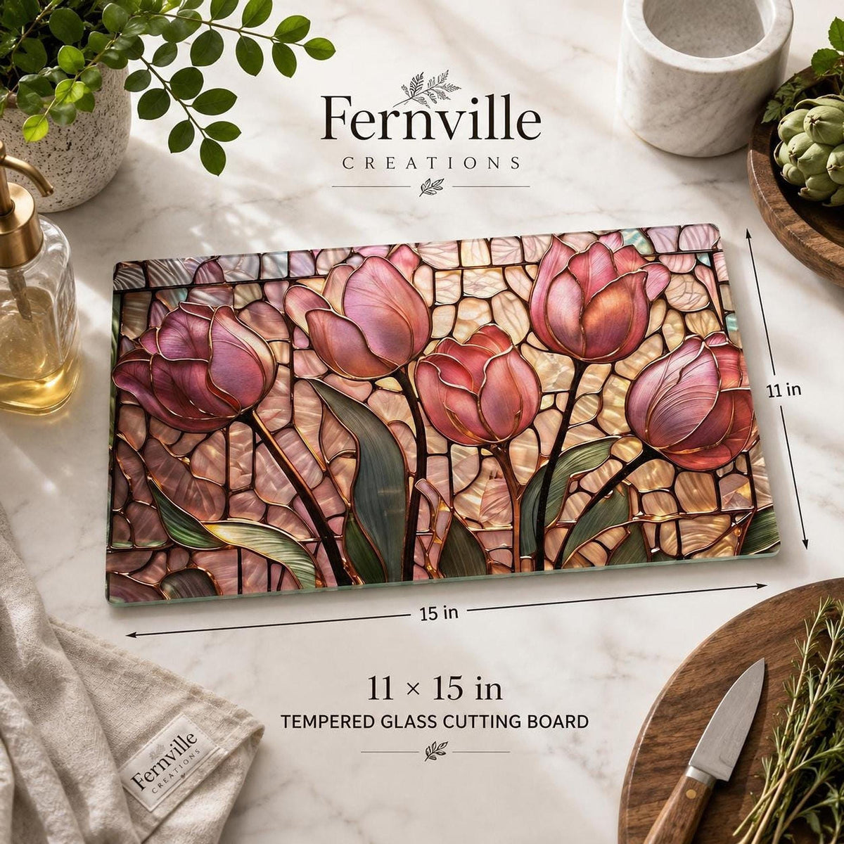 Glass Cutting Board, Pink Tulip Design, 8 × 11 or 11 × 15 in, Four Rubber Feet