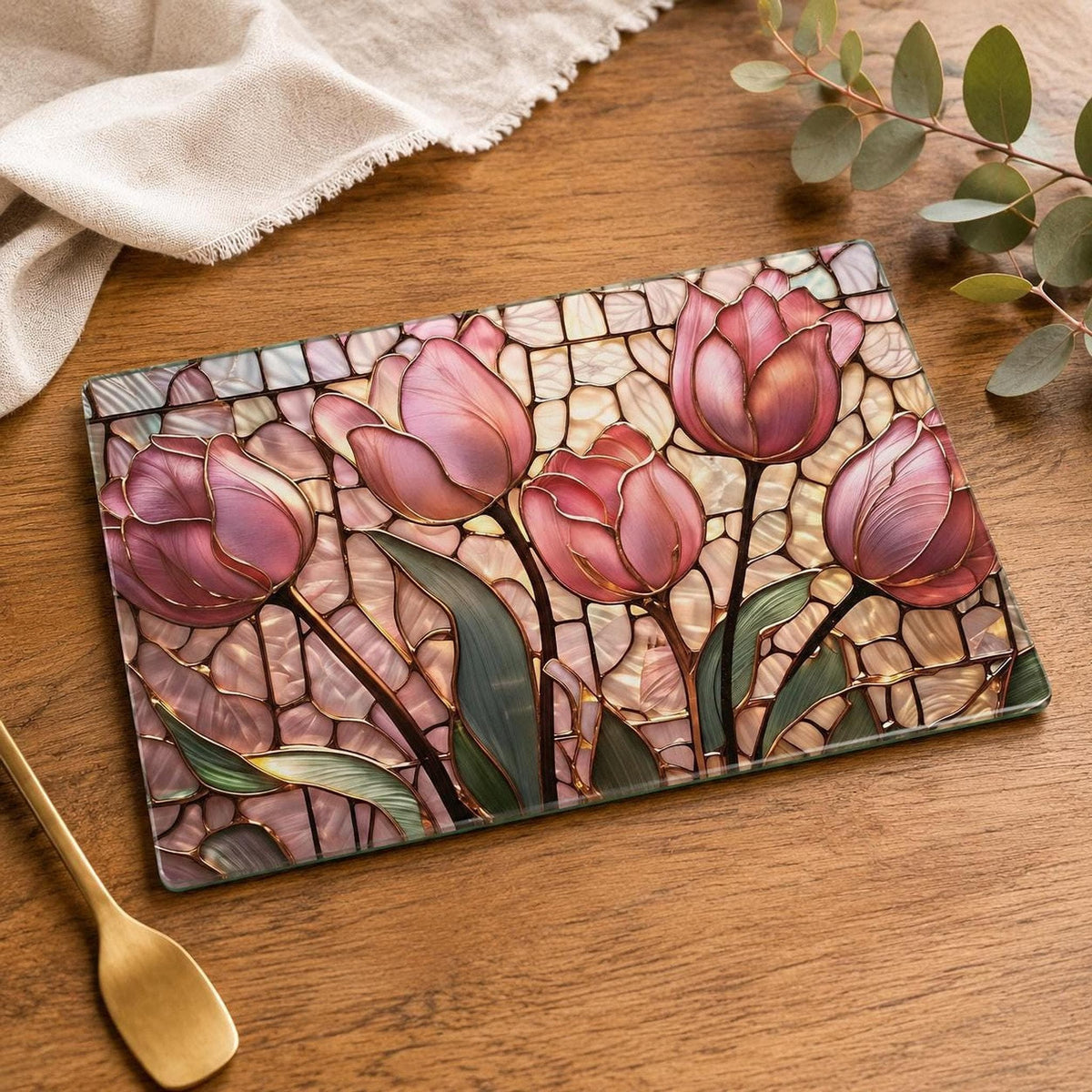Glass Cutting Board, Pink Tulip Design, 8 × 11 or 11 × 15 in, Four Rubber Feet
