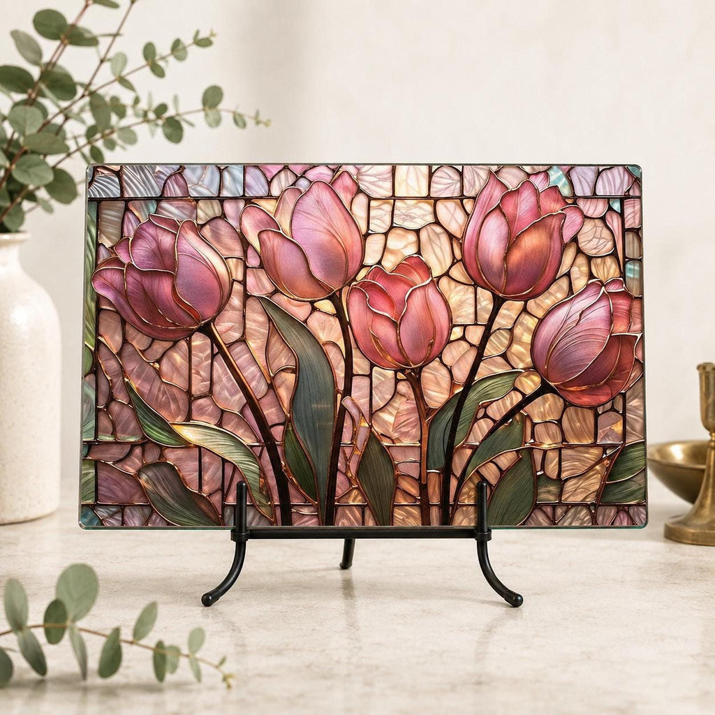 Glass Cutting Board, Pink Tulip Design, 8 × 11 or 11 × 15 in, Four Rubber Feet