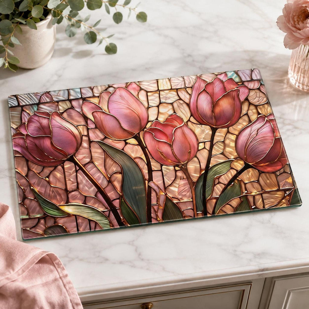 Glass Cutting Board, Pink Tulip Design, 8 × 11 or 11 × 15 in, Four Rubber Feet