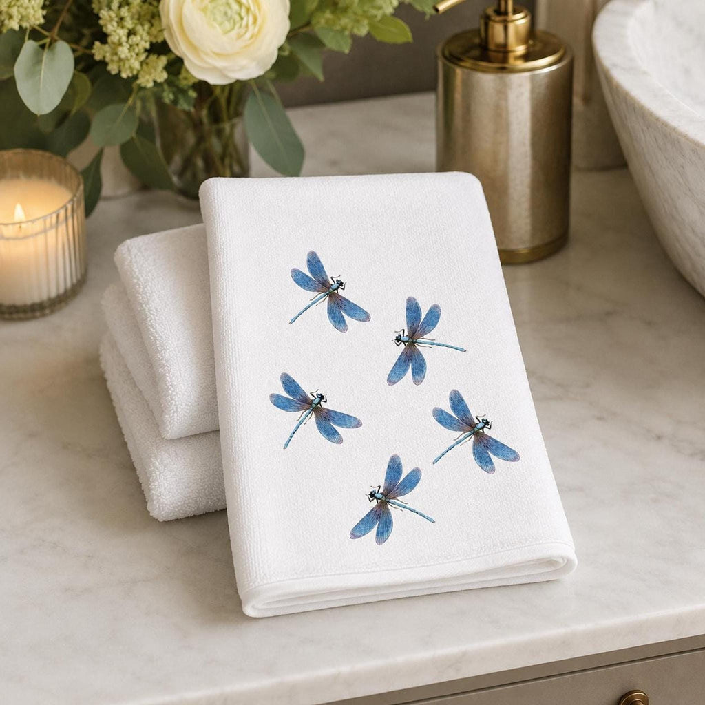 Powder Room Decor Blue Dragonfly Fingertip Towel, 11 × 18-Inch Cotton Terry Back