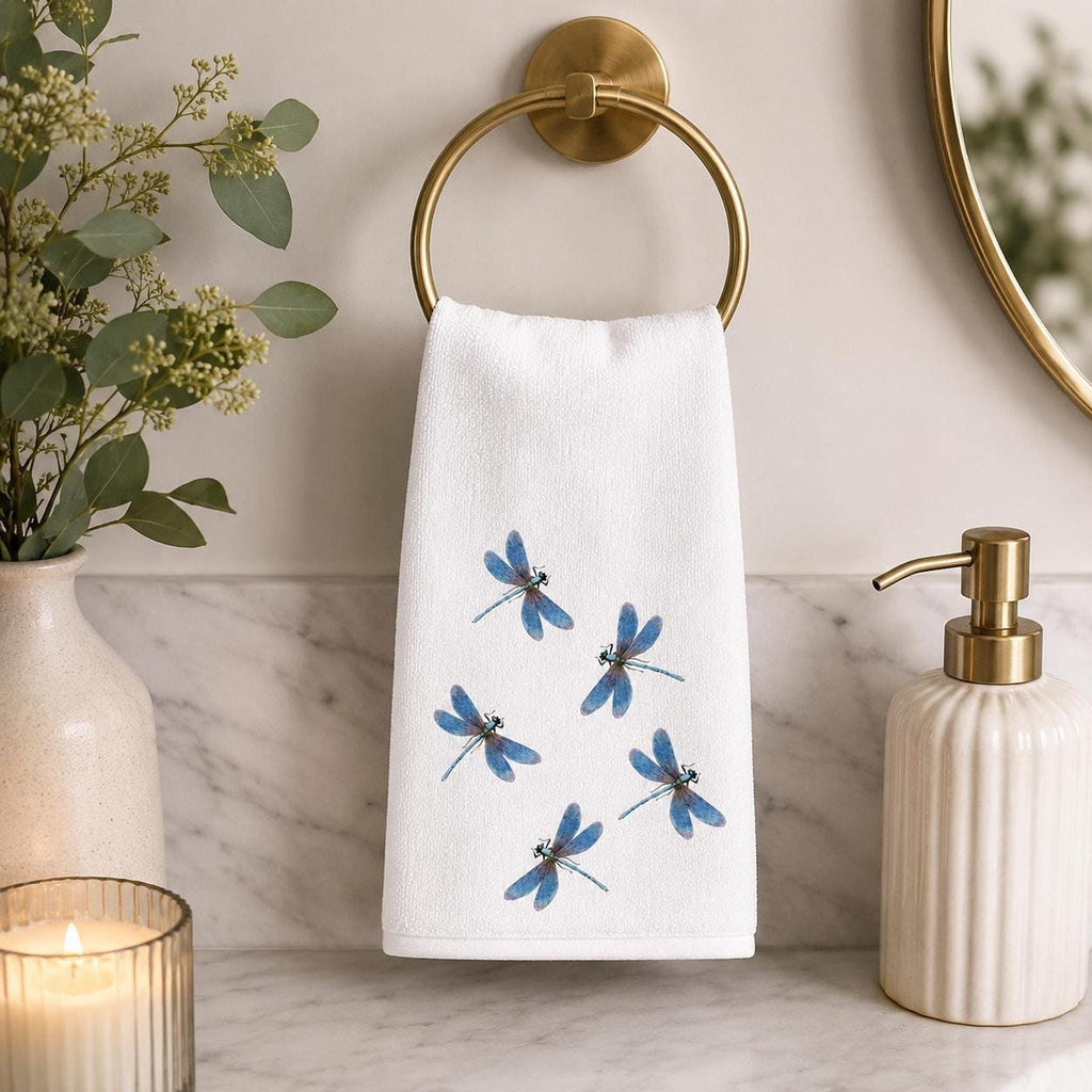 Powder Room Decor Blue Dragonfly Fingertip Towel, 11 × 18-Inch Cotton Terry Back