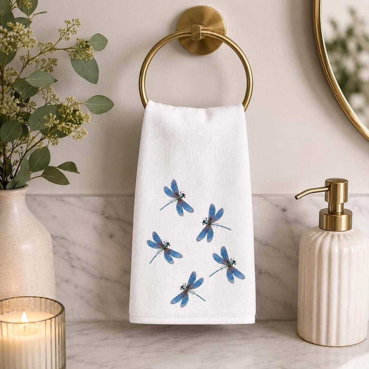 Powder Room Decor Blue Dragonfly Fingertip Towel, 11 × 18-Inch Cotton Terry Back