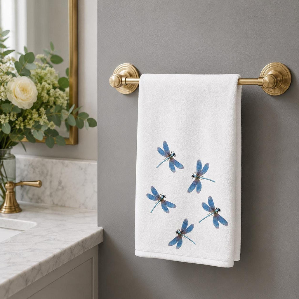Powder Room Decor Blue Dragonfly Fingertip Towel, 11 × 18-Inch Cotton Terry Back