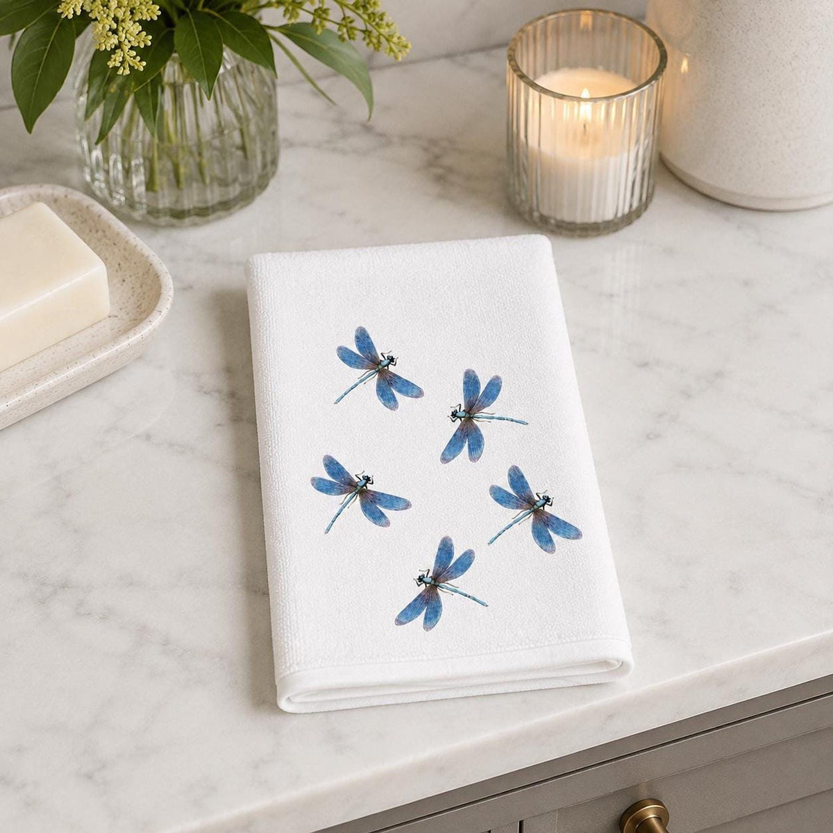 Powder Room Decor Blue Dragonfly Fingertip Towel, 11 × 18-Inch Cotton Terry Back