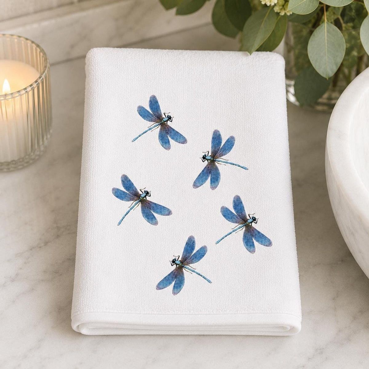 Powder Room Decor Blue Dragonfly Fingertip Towel, 11 × 18-Inch Cotton Terry Back