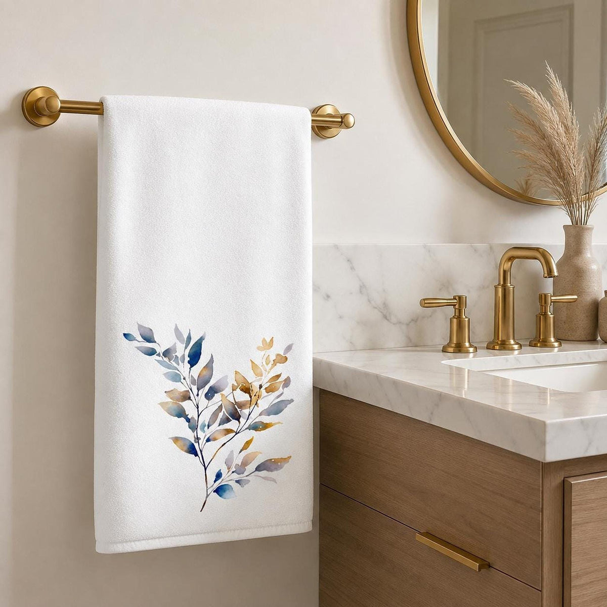 Botanical Bath Towel, White 24 × 42-Inch Watercolor Branch Design