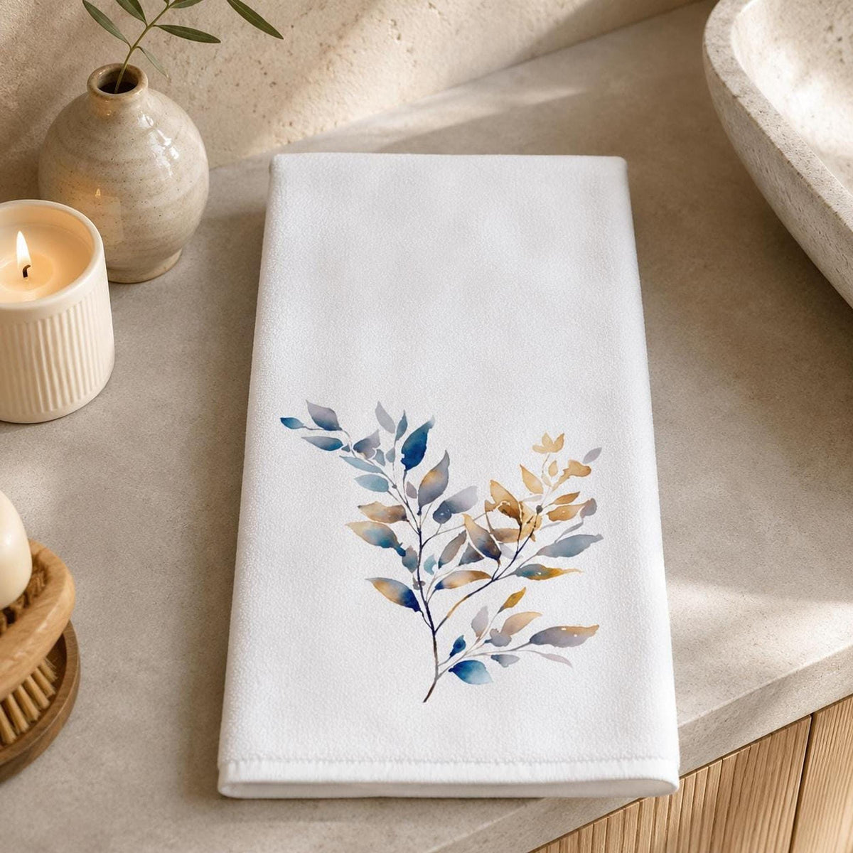 Botanical Bath Towel, White 24 × 42-Inch Watercolor Branch Design