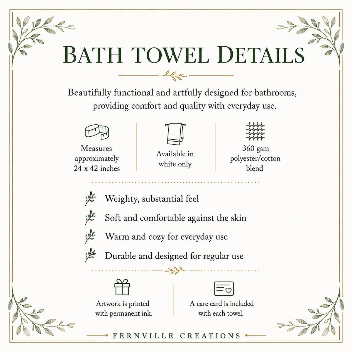 Floral Bath Towel, White 24 × 42 Inch Watercolor Botanical Decor