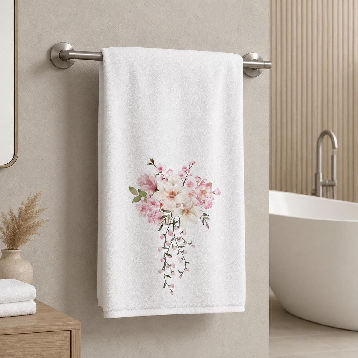 Floral Bath Towel, White 24 × 42 Inch Watercolor Botanical Decor