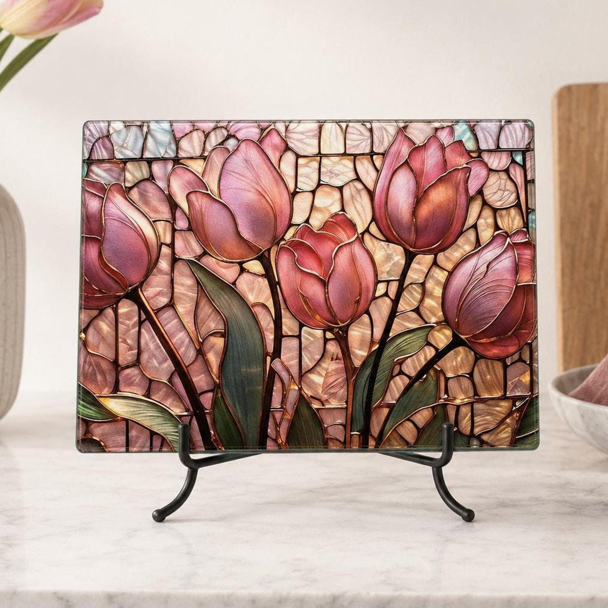 Glass Cutting Board, Pink Tulip Design, 8 × 11 or 11 × 15 in, Four Rubber Feet