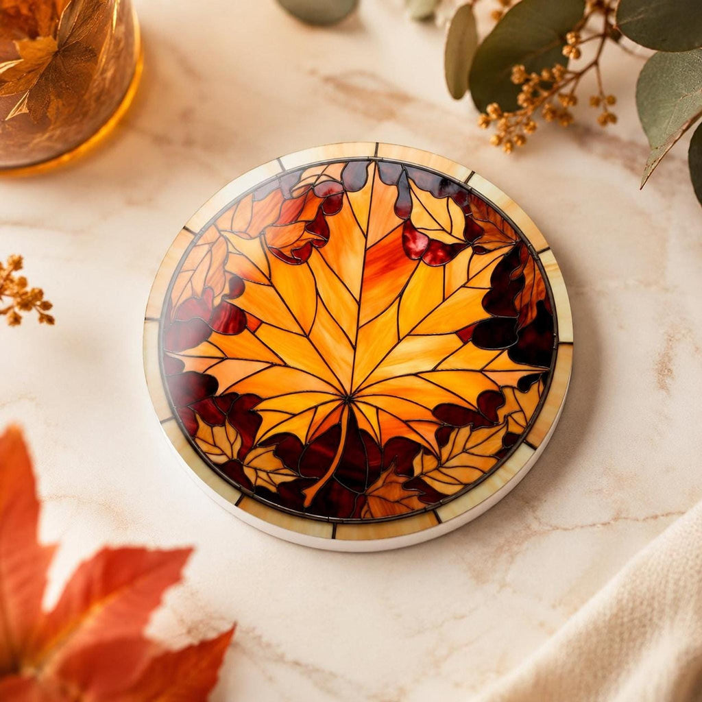 Maple Leaf Coaster, Ceramic Fall Table Accent with Glossy or Matte Finish