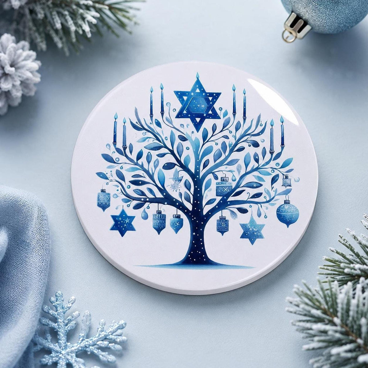 Hanukkah Coaster, Blue Ceramic Star Of David Decor, Glossy Or Matte Finish