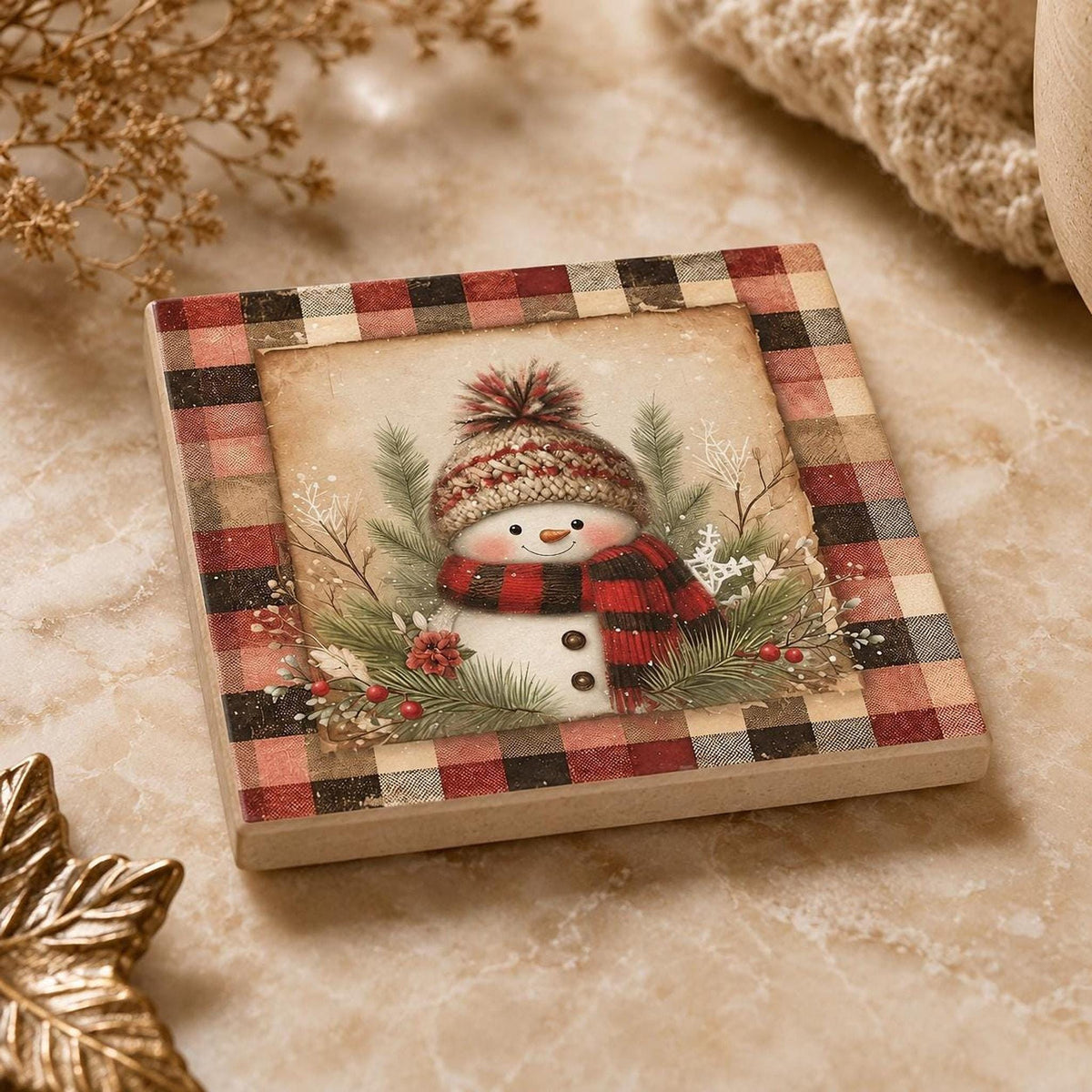 Snowman Coaster, Square Ceramic Christmas Drink Tile with Buffalo Plaid