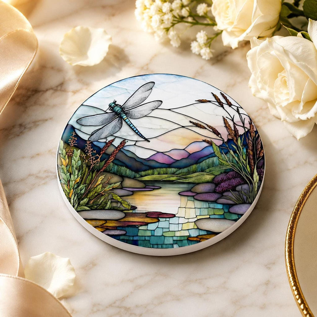 Dragonfly Coaster, Round Ceramic Botanical Lake Scene with Glossy or Matte Finish