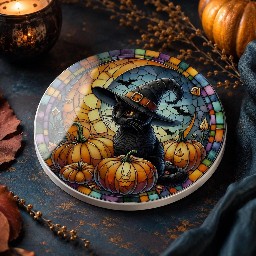 Halloween Coaster, Ceramic Black Cat with Pumpkin Design, Witch Hat