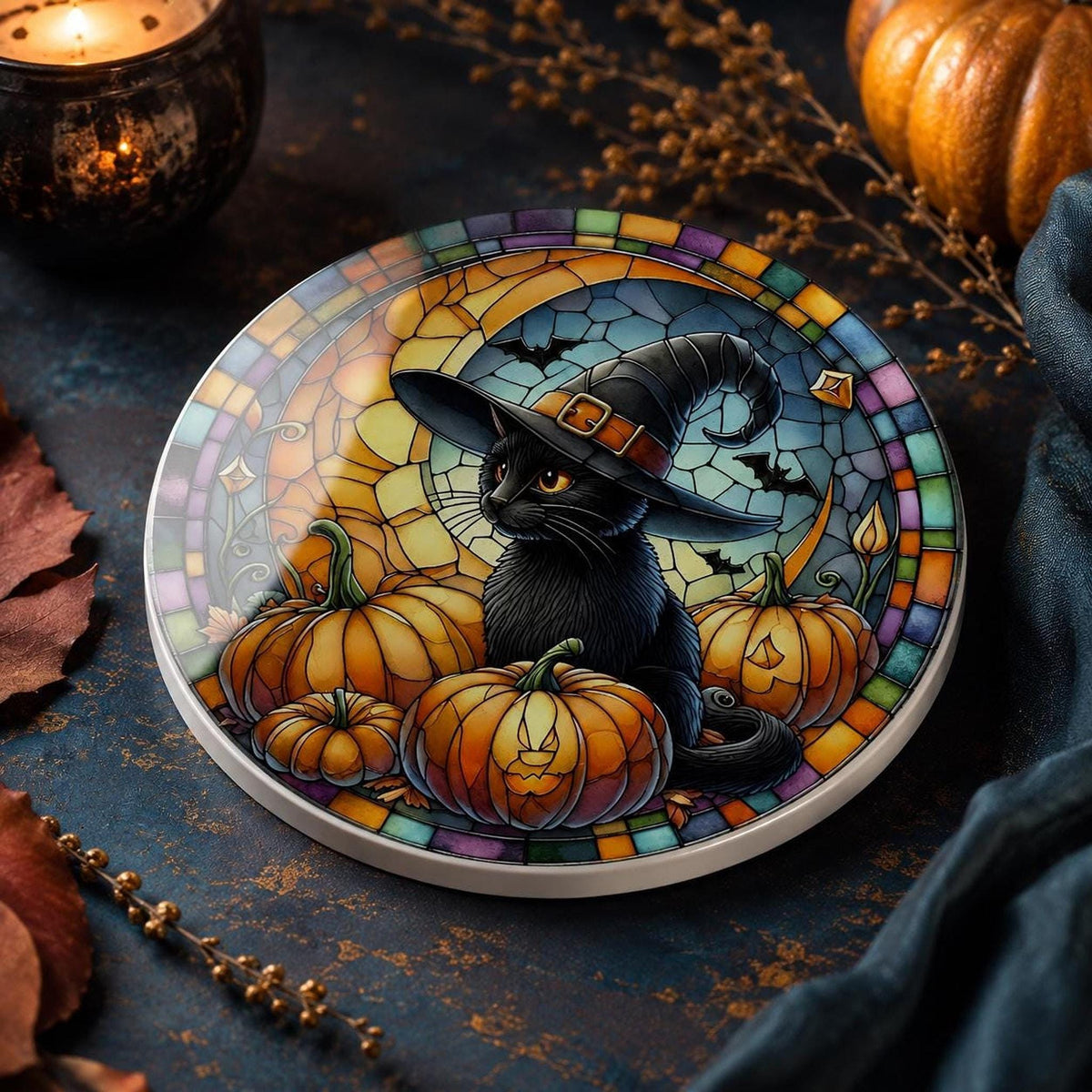 Halloween Coaster, Ceramic Black Cat with Pumpkin Design, Witch Hat