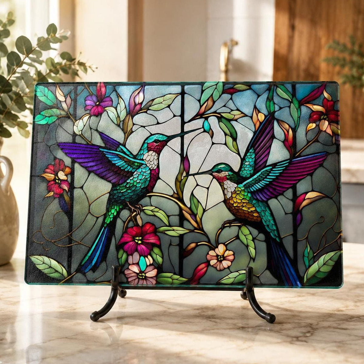 Glass Cutting Board, Hummingbird Floral Design, Tempered Kitchen Decor