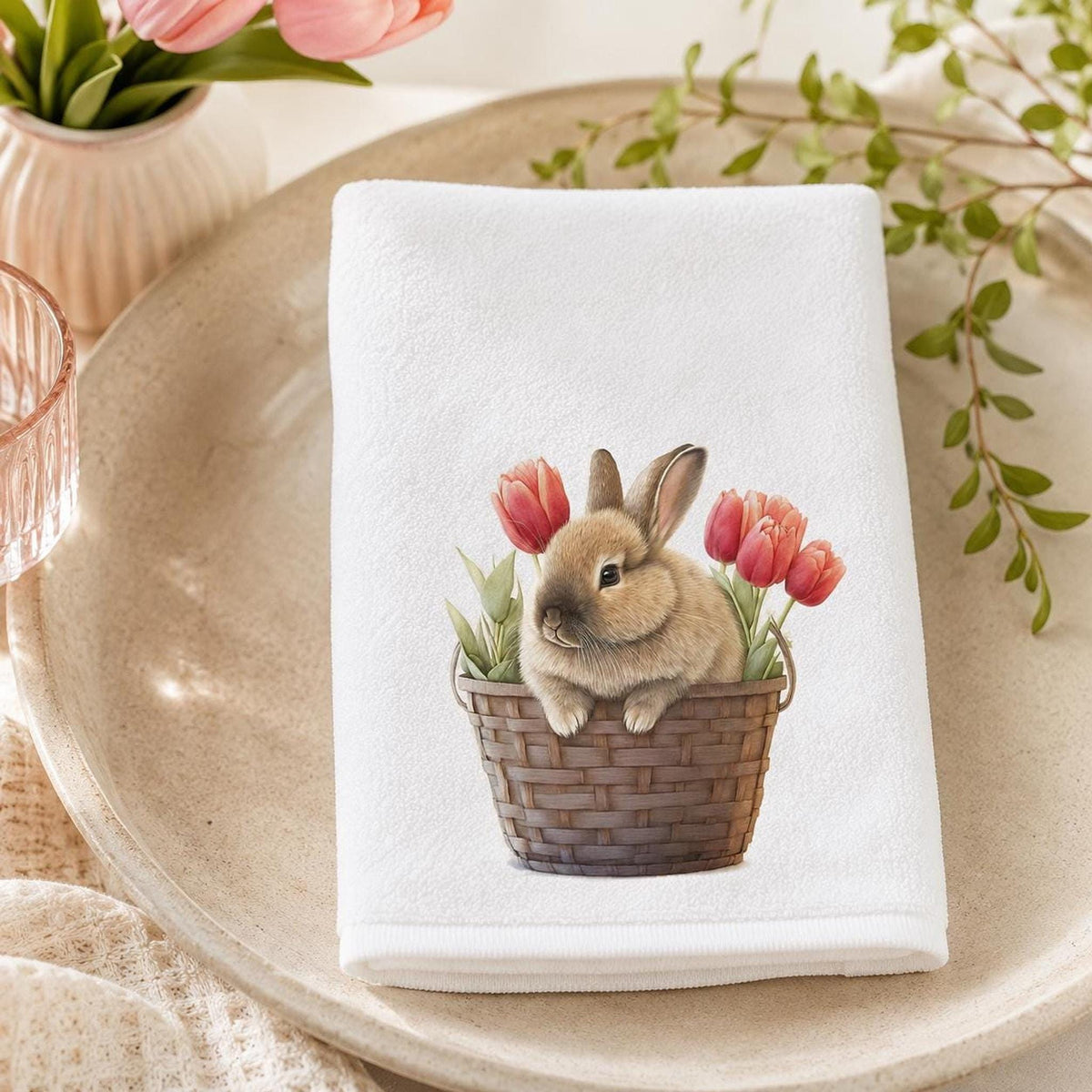Bunny Fingertip Towel, Spring Tulip Decor, Easter Guest Bath Accent, Rabbit Lover Gift