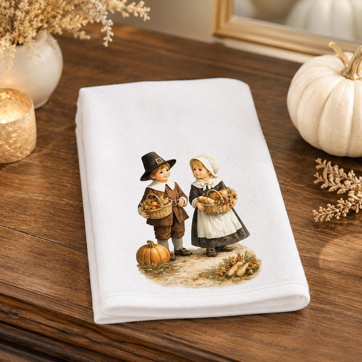 Thanksgiving Fingertip Towel, Pilgrim Children Decor, Autumn Guest Bath Accent, Fall Kitchen Gift