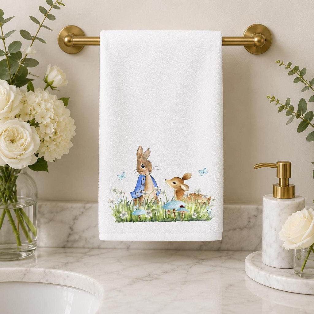 Easter Hand Towel, 15 x 25 Inch Cotton Terrycloth With Bunny Fawn Design