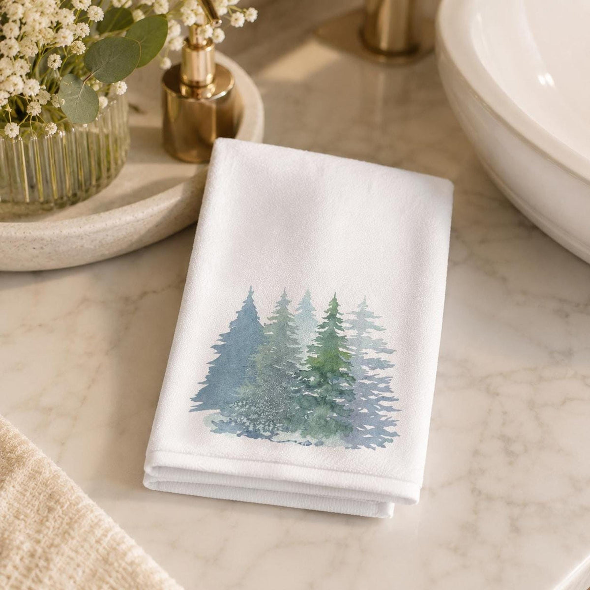 Evergreen Fingertip Towel, Watercolor Pine Forest Decor, Winter Guest Bath Accent, Nature Lover Gift