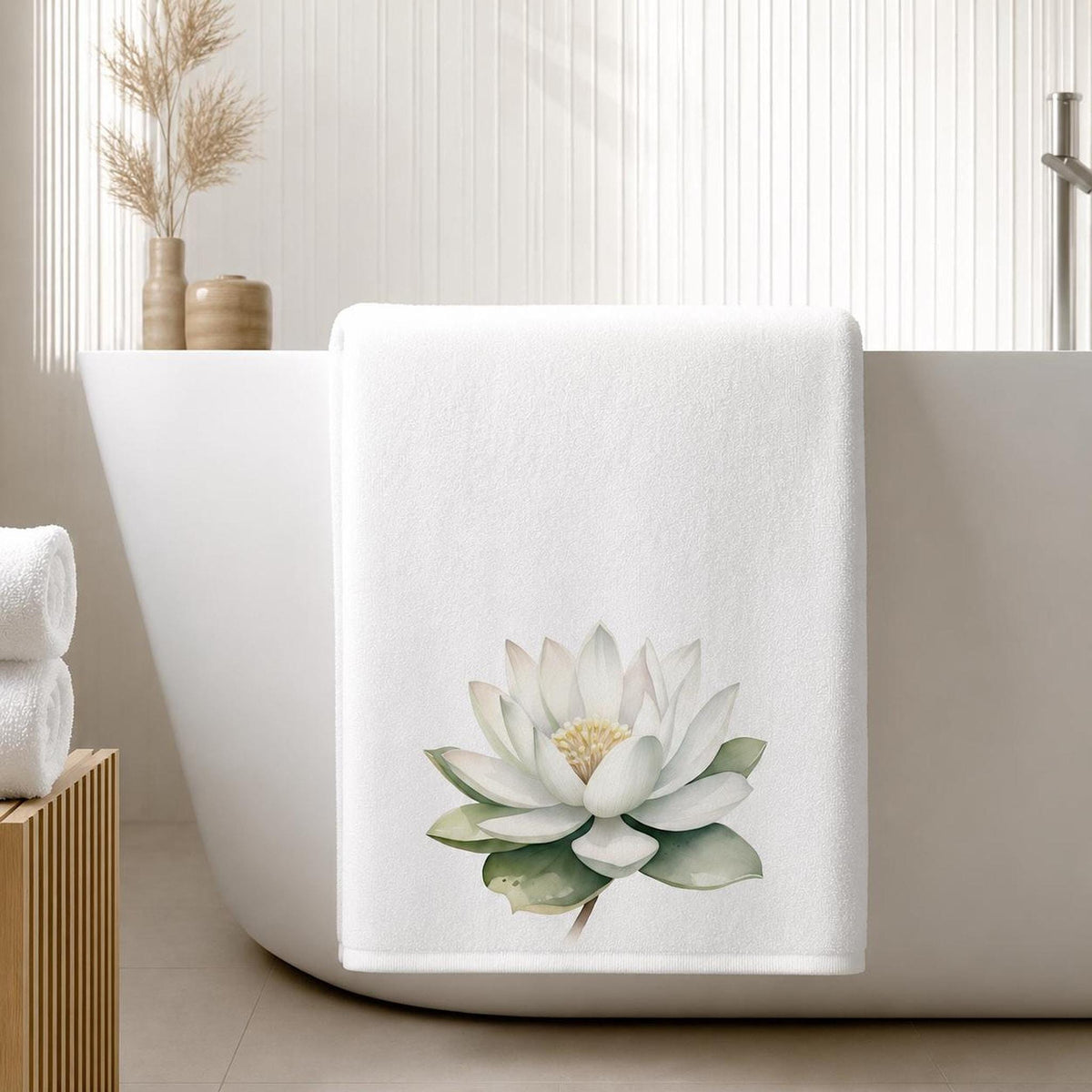 White Lotus Bath Towel, Botanical Bathroom Decor, Spa-Inspired Floral Accent, Nature Lover Gift
