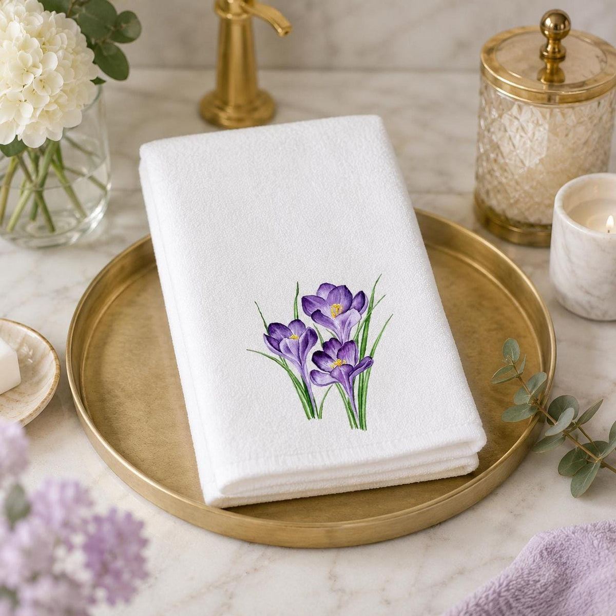 Floral Hand Towel with Purple Crocus Design, Soft Polyester & Cotton Terrycloth