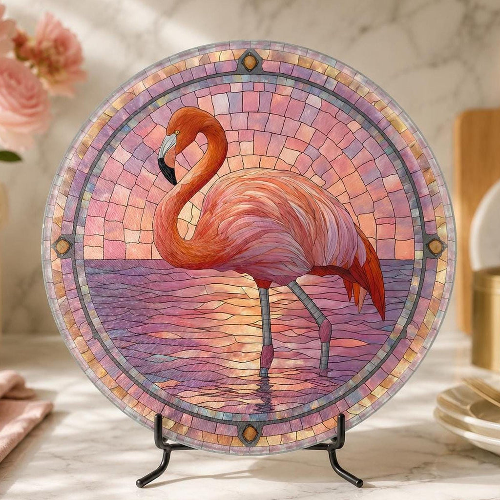 Serving Cheese Board, Pink Tempered Glass with Flamingo Stained-Glass Design