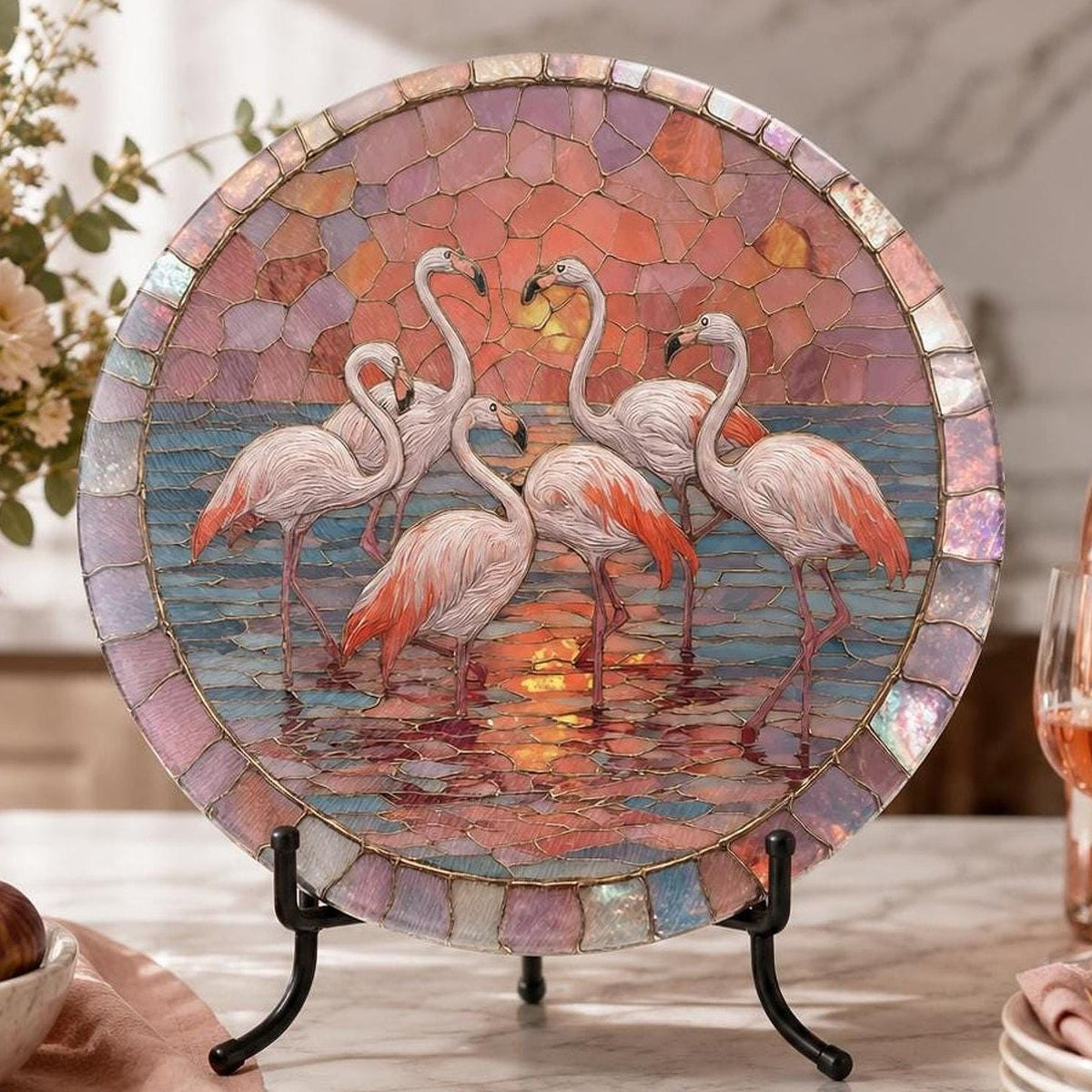 Flamingo Sunset Glass Cutting Board, Round Tempered Charcuterie Tray