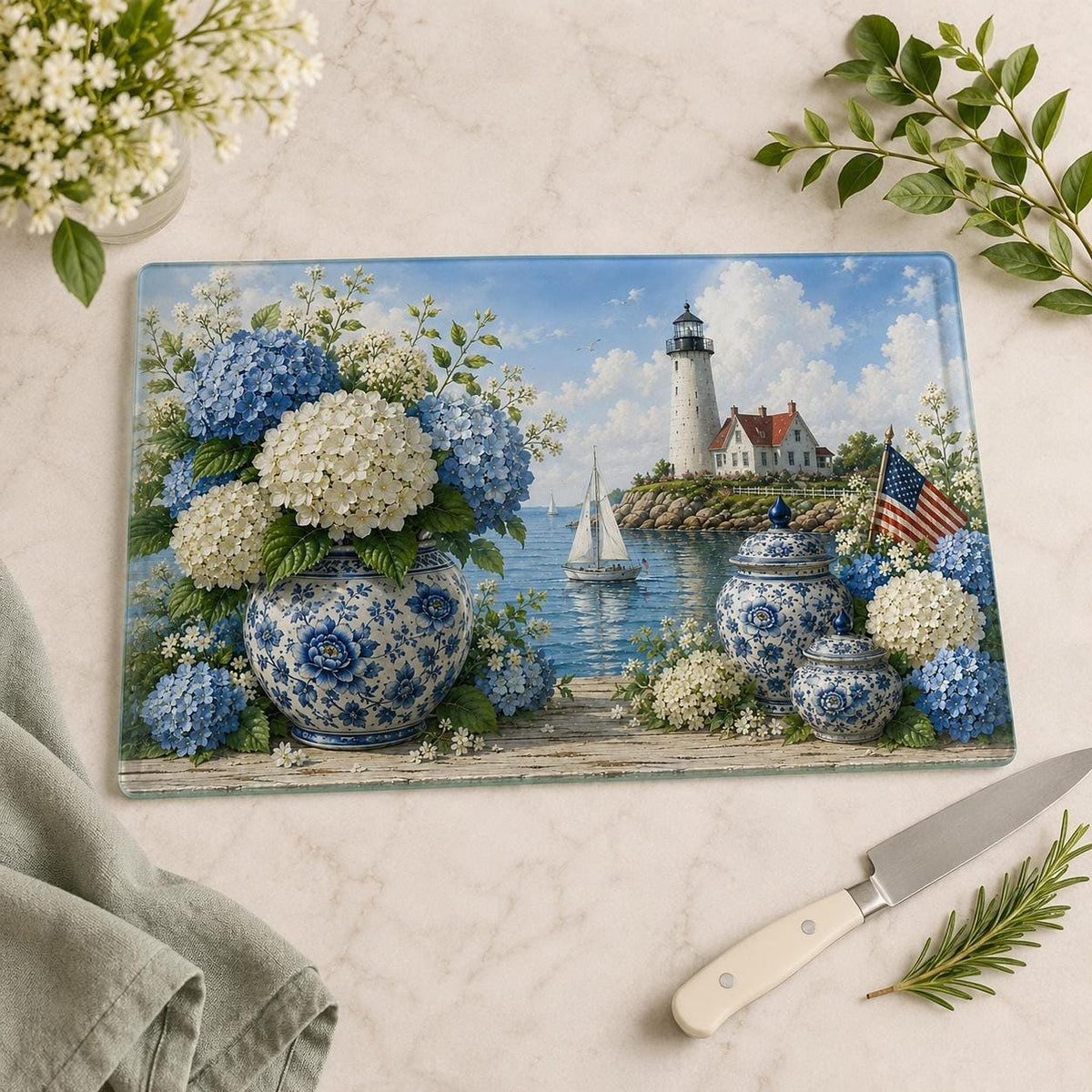 Glass Cutting Board with Blue Hydrangea Design, Coastal Lighthouse Charcuterie