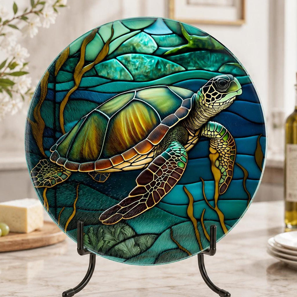 Turtle Cutting Board, Round Tempered Glass Charcuterie Tray with Ocean Design