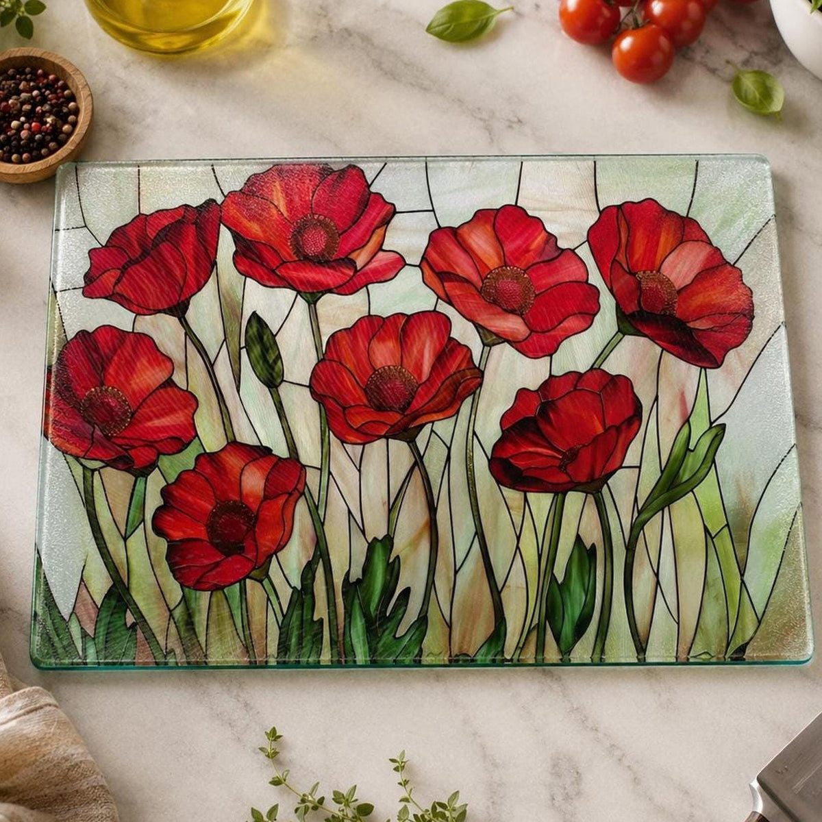 Glass Cutting Board, Red Poppy Floral Charcuterie Tray, Two Sizes