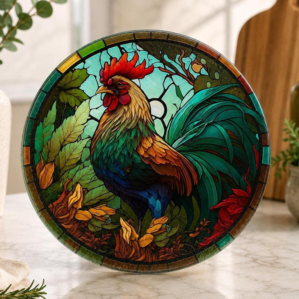 Glass Cutting Board, Round Tempered Rooster Artwork for Charcuterie Serving
