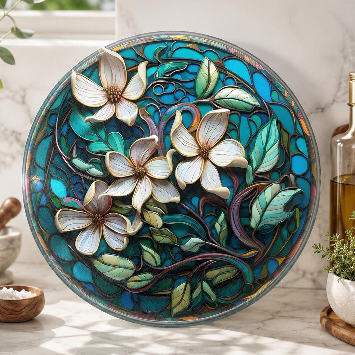 Floral Glass Cutting Board, Round Tempered Charcuterie Tray