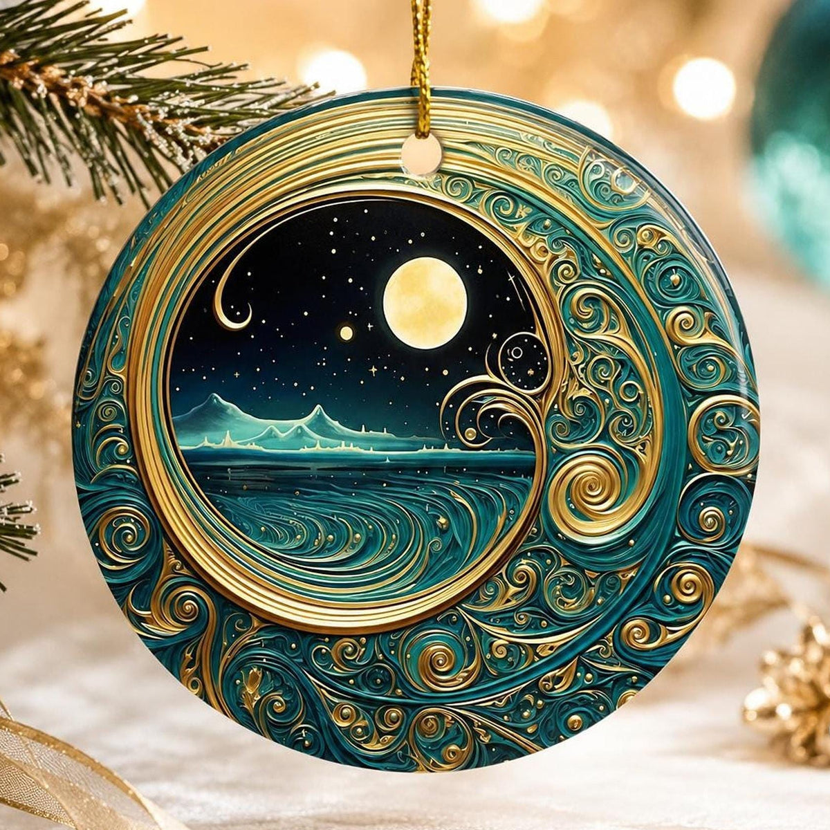 Moonlit Ocean Ceramic Ornament, Coastal Christmas Decor, Celestial Holiday Accent, Beach Lover Gift